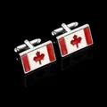 Polished silver cufflinks featuring the Canadian flag and red maple leaf on a black background - Canada Flag Rectangular Style Cufflinks (B1234)