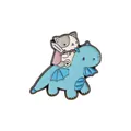 Cartoon enamel pin featuring a cat in a pink cape riding a blue dragon on white background - Cat Knight Riding Flying Dragon Style (C2396-3)