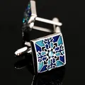 Vierkante manchetknopen met blauw emaille patroon en ingelegde kristal in het midden - Een Paar Mannen Geometrische Vierkante Manchetknopen (B1291-2)