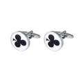 Pair of polished silver metal cufflinks with white enamel club poker pattern design - Club Style (B1487-1)