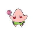 Close-up of pink starfish enamel pin with green floral shorts holding a lollipop - Style 1 (C2423-1)