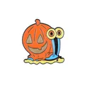 Macro detail of cartoon enamel pin with a pumpkin shell snail design for Halloween - Style 3 (C2423-3)
