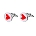 Detailed macro view of silver polished cufflinks featuring a red heart and T-shaped swivel - B1487-4 / Alloy