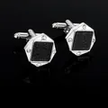 Boutons de manchette hexagonaux argentés pour hommes avec incrustation noire et cristaux - Boutons de Manchette Hexagonaux Ciel Étoilé (B1298-1) / Argent Noir