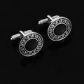 Classic silver round cufflinks with Greek Key pattern and black enamel center on black base - Greek Key Cufflinks