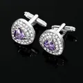Detail view of silver cufflinks featuring a triangle purple crystal and pavé stones - Purple Heart Cufflink (B1121)