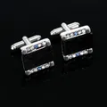 Macro detail of men's rectangle cufflinks with starry black matte panel and blue crystals - B1298-3 Cufflinks