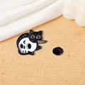 Detailed view of creative black cat enamel pin with skull patterns on a cork surface - Skeleton Cat with Dagger (CZ0318-1)