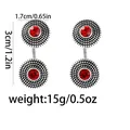 Vintage silver metal cufflinks with red gemstone and beaded texture detail - Red Gemstone Round Style (B1492)