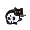 Gothic black cat enamel pin with skull skeleton and knife for Halloween accessories - Cat Biting Knife Style (C2510-1)