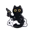 Cartoon black cat enamel pin with yellow eyes and moon sitting on white ghosts - Pistol Cat and Ghost Style (C2510-4)