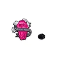 Pink coffin enamel pin with RIP and Gender Roles text and white floral details - Pink Coffin Style (C2518-2)