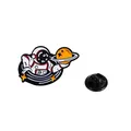 Cute astronaut enamel pin holding an orange planet with a black butterfly clutch back - Astronaut Holding Planet (C2541-2)