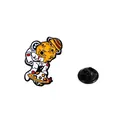 Cartoon astronaut hugging an orange planet enamel pin with a yellow ringed planet base - Astronaut Hugging Planet (C2541-4)