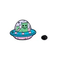 Cartoon enamel pin featuring a green alien cat inside a colorful UFO with rubber back - Green Alien Cat In UFO (C2526-1)