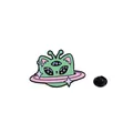 Cute green three-eyed alien cat enamel pin with pink planetary rings and butterfly clutch - Three-eyed Alien Cat Head With Star Ring (C2526-3)