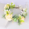 Detail of floral crown featuring yellow roses, green leaves and a cream satin ribbon - Cream Yellow Rose Style (W1170)