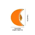 Cartoon orange enamel moon brooch with gold plating and size measurements shown - Orange Moon