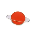Cartoon Saturn enamel pin with bright orange body and white ring in silver alloy metal - Orange Planet Ball