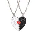 BFF matching heart necklace set with black and white enamel stickman pendants - Silver Style