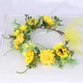 Vibrant yellow sunflower and rose crown with green leaves and ribbon for festivals - Yellow Sunflower Style (W1177)