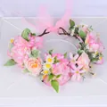 Floral crown hairpiece with pink roses white daisies and adjustable silk ribbon tie - Pink White Rose Style (W1167)
