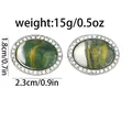 Boutons de manchette ovales argentés avec pierre marbrée verte et strass blancs - Texture Marbre Vert et Jaune (B1507-6)