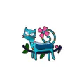 Cute sky blue enamel cat brooch with pink flower and green leaves on silver metal - Blue Teal Style (DW0723-2)