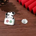 Cartoon panda mahjong enamel pin with silver metal butterfly clasp on wooden background - Panda On Two Dots Mahjong Style (C2689-2)
