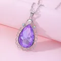 Purple crystal drop amulet necklace for girls with ornate silver lace pattern frame - Purple (A2839-4)