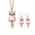 Pink striped cat jewelry set with gold metal necklace and matching hook earrings - Pink Cat Necklace Earring Set (A3178-8)