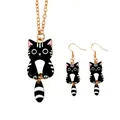 Cute black enamel cat jewelry set with gold plated necklace and matching earrings - Black White Cat Necklace Earring Set (A3178-9)