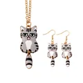 Cute golden alloy cat jewelry set with gray tabby enamel and movable tail pendant - Gray Cat Necklace Earring Set (A3178-11)