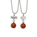 Two-piece Best Friends silver bead necklaces with orange basketball charms and engraved plates - Orange Basketball Style (A2945)