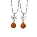 Matching Best Friends basketball charm necklaces with silver beaded chains and metal tags - Brown Orange Basketball Style (A2946)