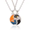 Detailed view of interlocking Tai Chi sun and moon pendants with enamel detailing - Orange Blue Yellow Enamel Sun Moon Waves Style (A3263-1-ORBLU)