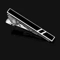 Polished silver tie clip with black stripes for men on a black reflective background - Tie Clip Only (T1068)