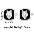 Detailed view of square wolf head cufflinks with 1.8cm size measurements and black background - Wolf Head Style (B1523-4-SI)