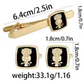Golden owl cufflinks and tie clip set with polished black details and size dimensions - Owl Design (AD2207)