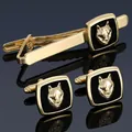 Men's gold 3D wolf head cufflinks and tie clip set on elegant black enamel base - Gold Wolf Set