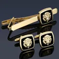 Men's luxury gold lion head tie clip and cufflinks set with a black square finish - Gold Lion Head Set