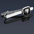 Detailed view of silver tie clip featuring a black enamel base and silver leopard head relief - Silver Leopard Tie Clip