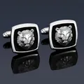 Polished silver alloy cufflinks with embossed leopard head on black inlay detail - Silver Leopard Cufflinks