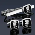 Silver cufflinks and tie clip set with embossed owl pattern on a black square base - Silver Owl Set
