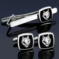 Silver wolf head cufflinks and tie clip set for men's formal business wedding attire - Silver Wolf Set