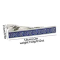 Detailed view of silver tie clip with blue Greek pattern and dimensions measurement - Continuous Greek Key Style (T1077)