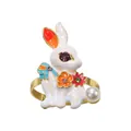 Golden bunny ring with white enamel, purple crystal eyes and pearl detail on white background - Enamel Rabbit Ring (Z1079)