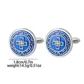 Detailed macro view of silver round cufflinks with blue enamel patterns and cross design - Cross Greek Key Style (B1548)