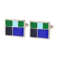 Classic silver cufflinks with colorful geometric enamel mosaic patterns for men's shirts - Dark Green and Light Blue Multicolor (B1557-1)