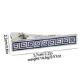Macro view of men's business tie clip with blue Greek Key pattern and spring clasp - Vintage Greek Key Style (T1076)